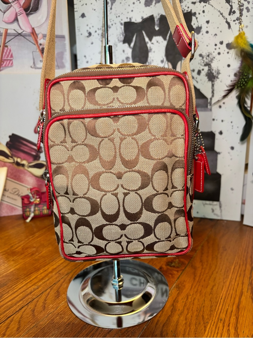 Coach 4270 Signature Jacquard Red Leather Organizer Crossbody Y2K